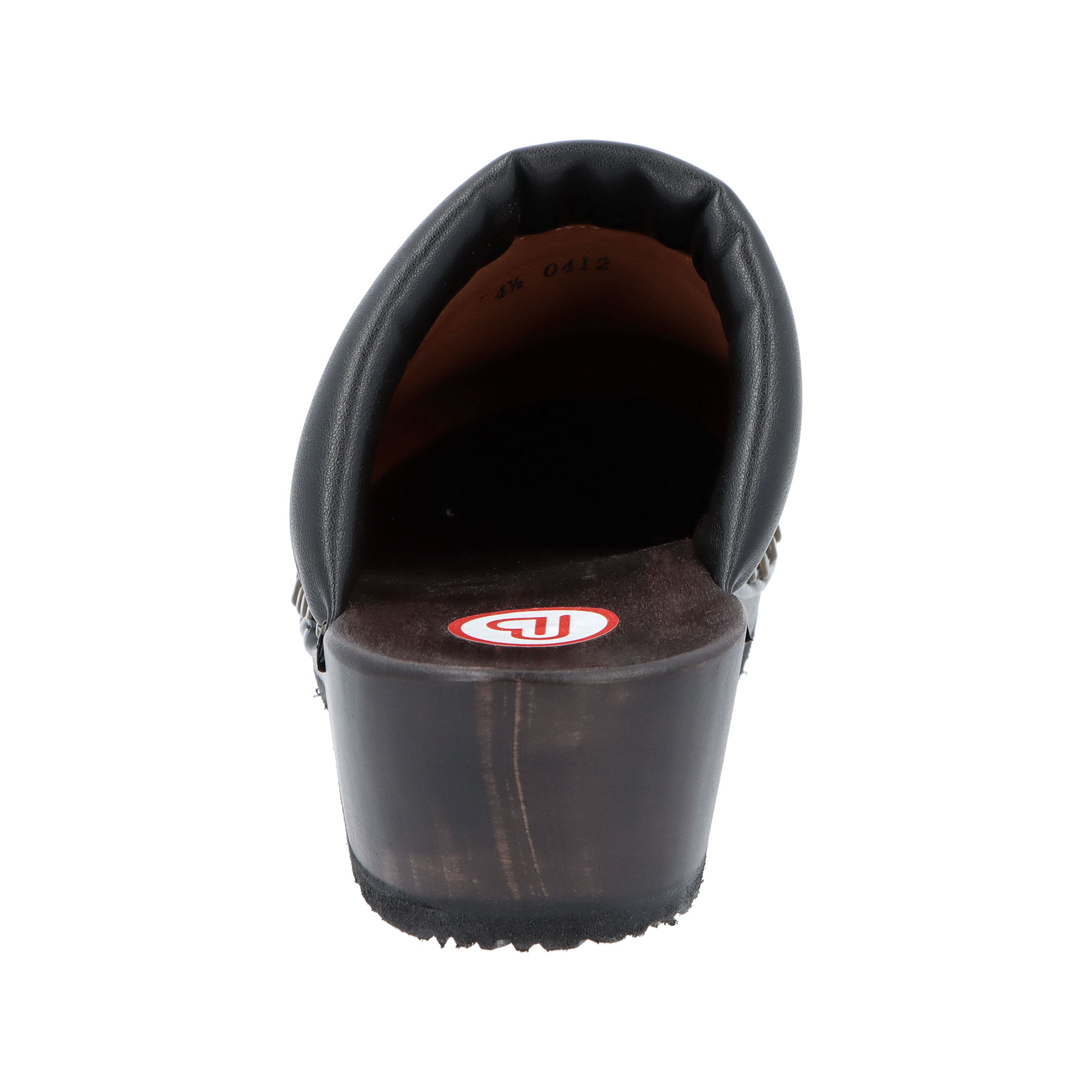 schwarze holzschuhe hinteransicht