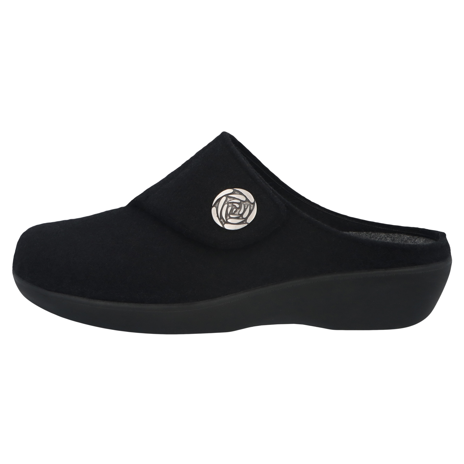 schwarze hausschuhe seitenansicht links