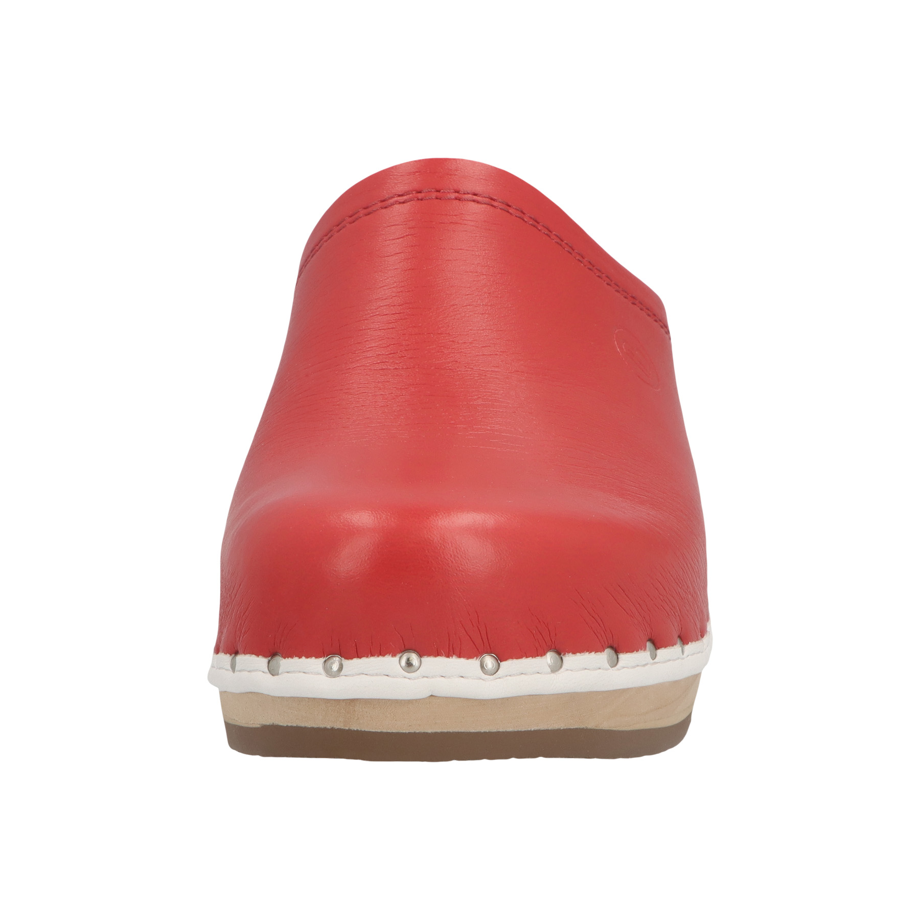 rote holzschuhe seitenansicht links