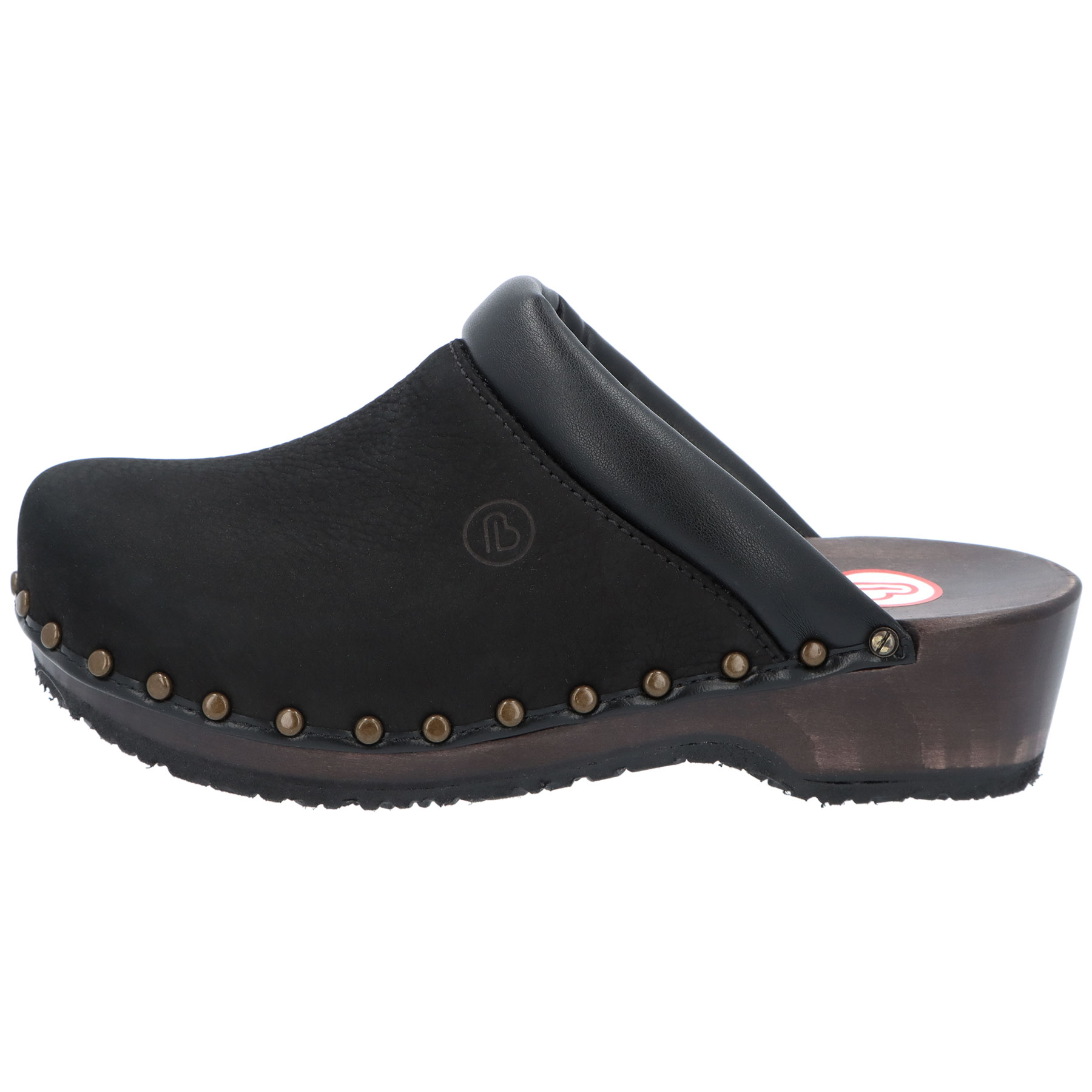 schwarze holzschuhe seitenansicht links