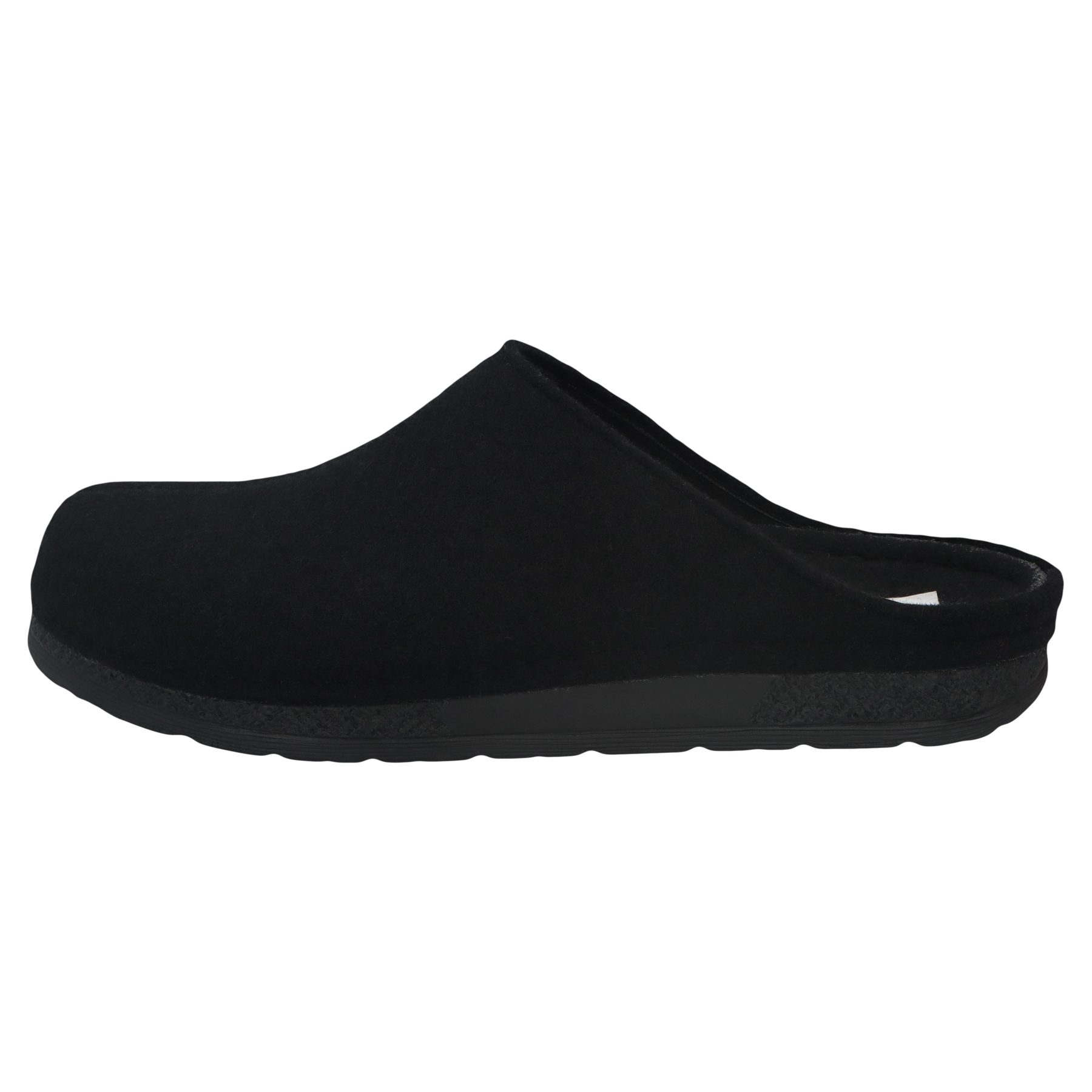 schwarze hausschuhe seitenansicht links