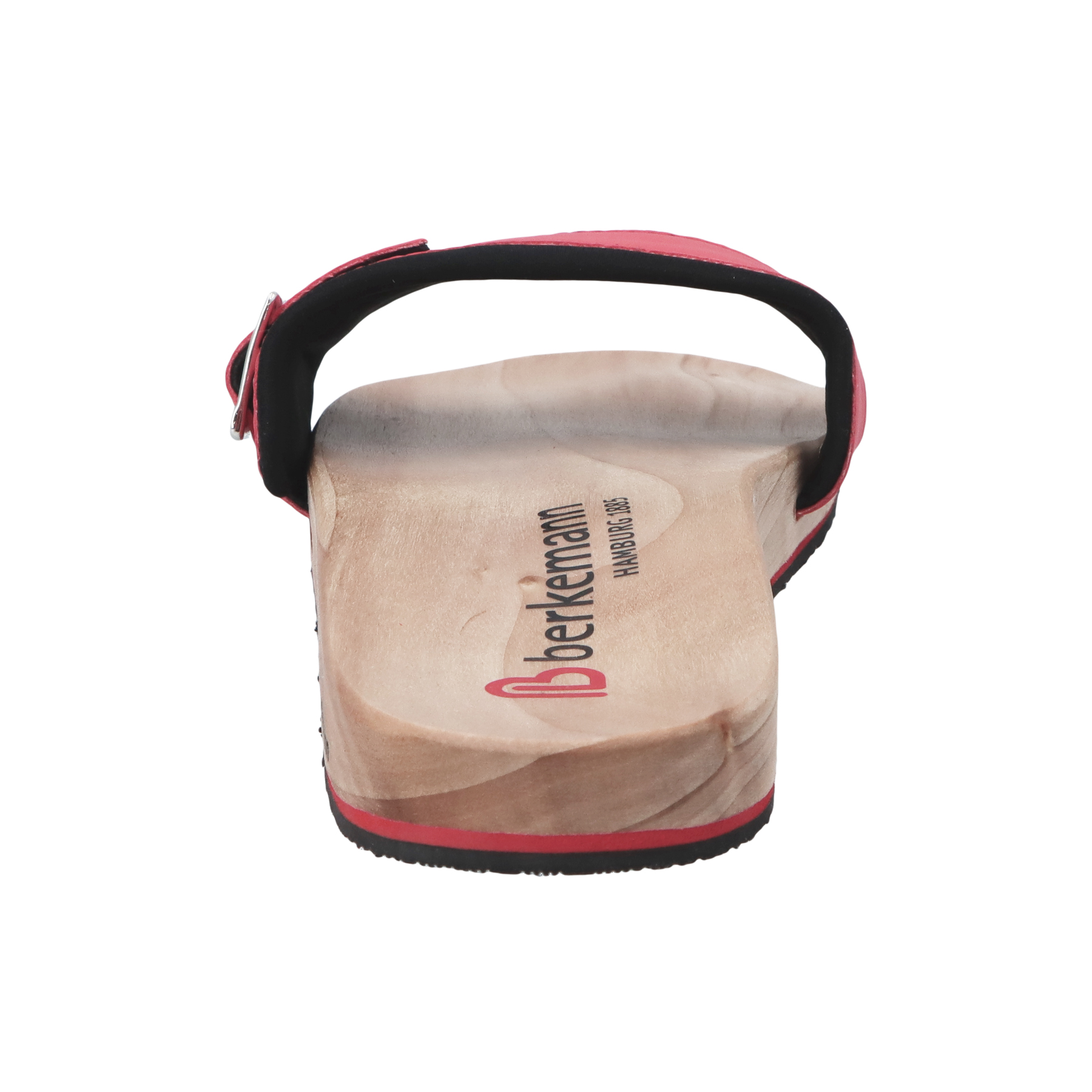 rote holzschuhe hinteransicht