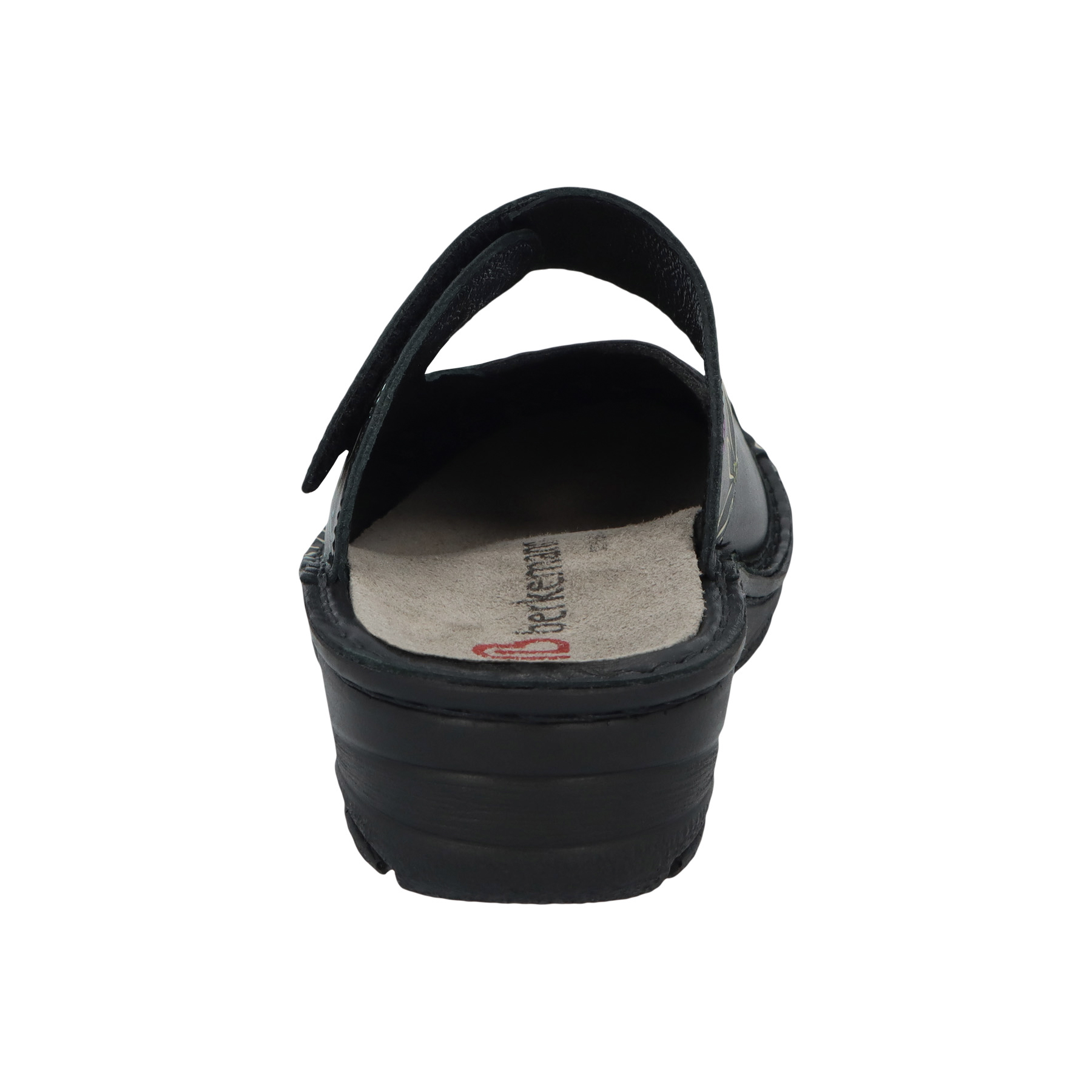 schwarze clogs hinteransicht