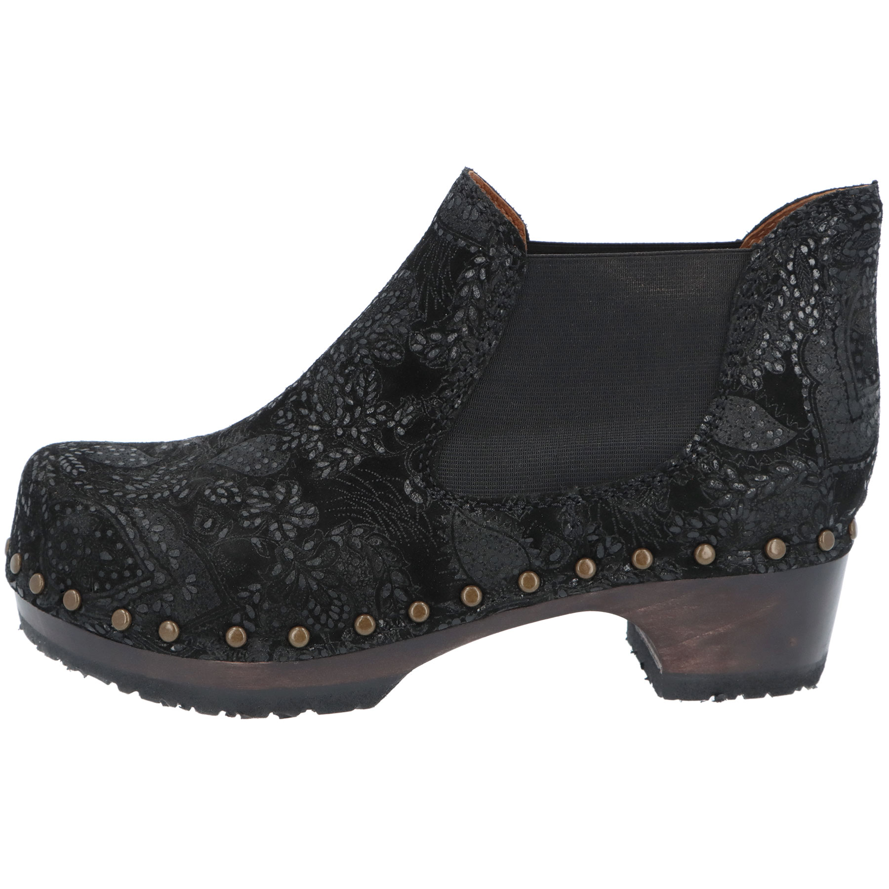 schwarze holzschuhe seitenansicht links