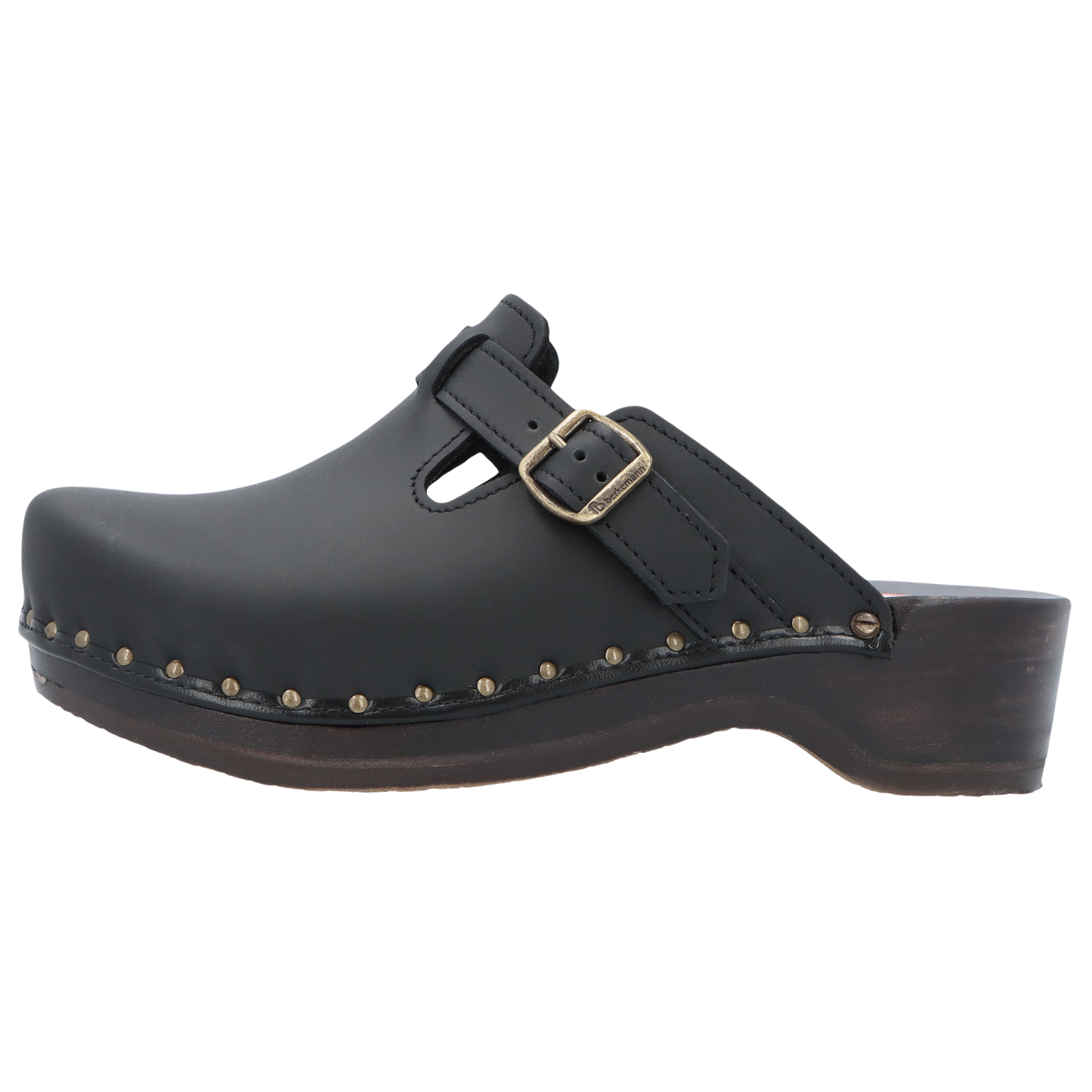 schwarze holzschuhe seitenansicht links