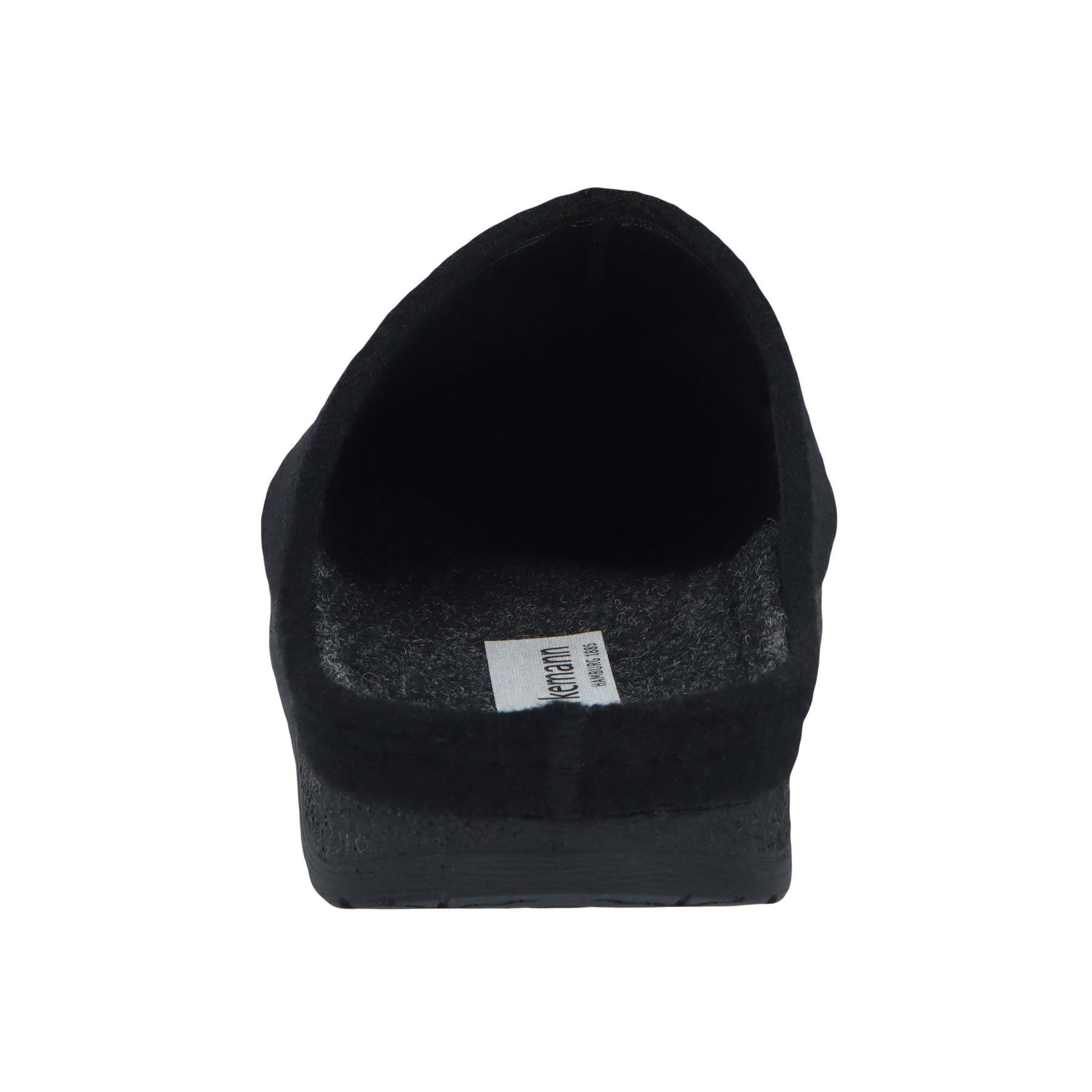 schwarze hausschuhe hinteransicht