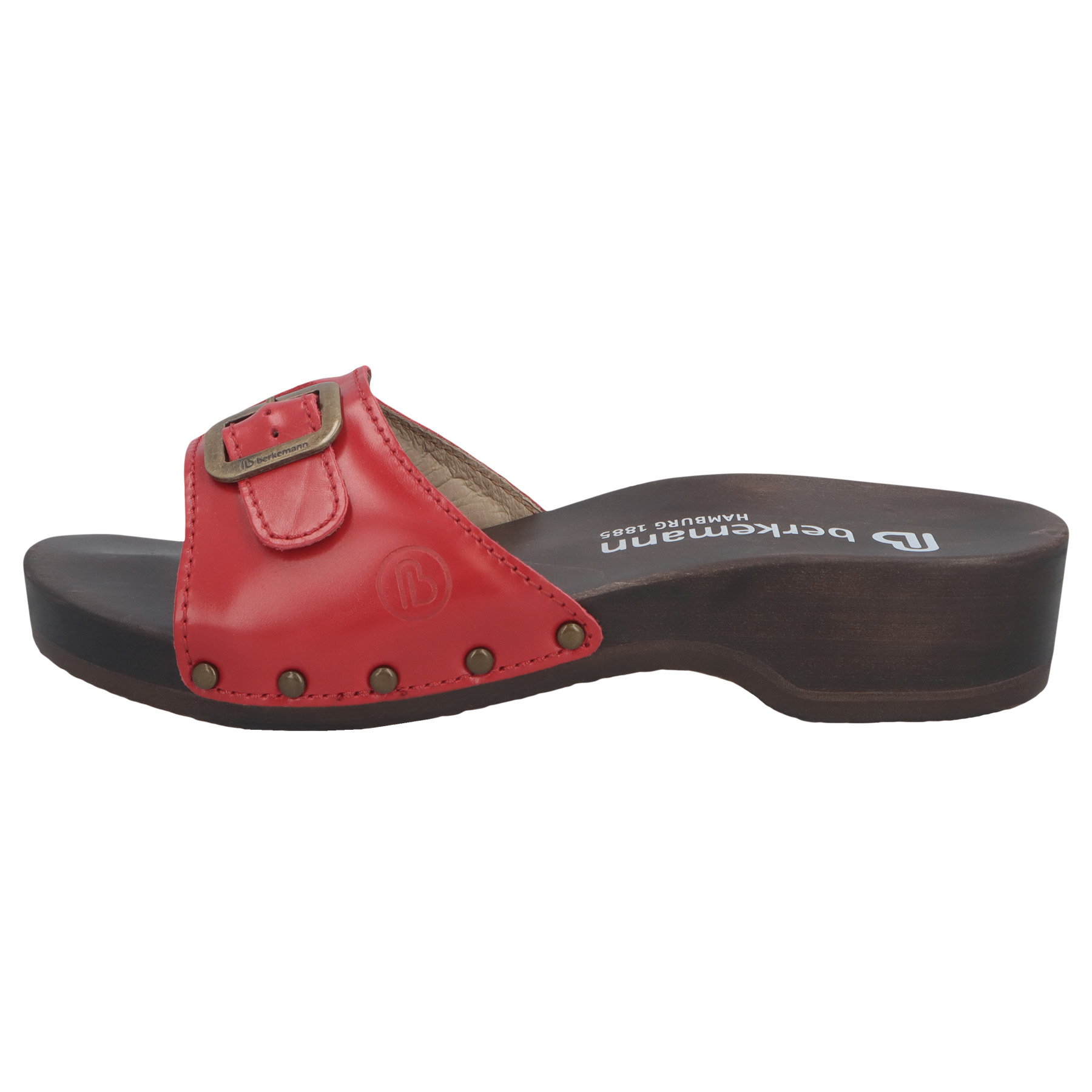 rote holzschuhe seitenansicht links
