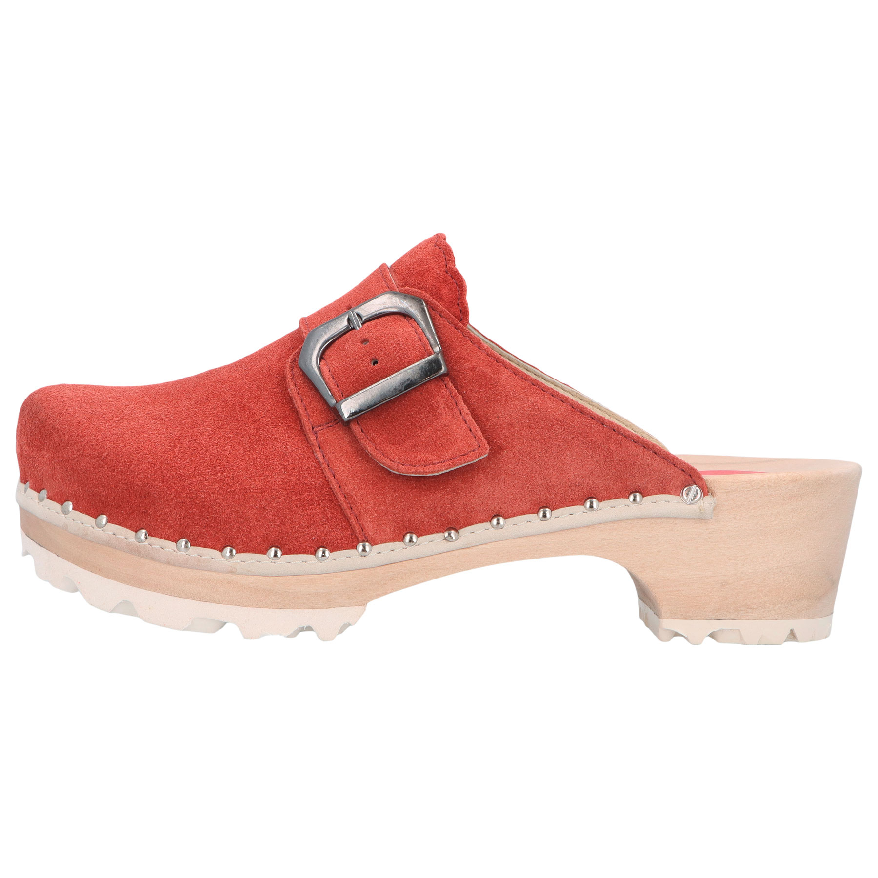 rote holzschuhe seitenansicht links