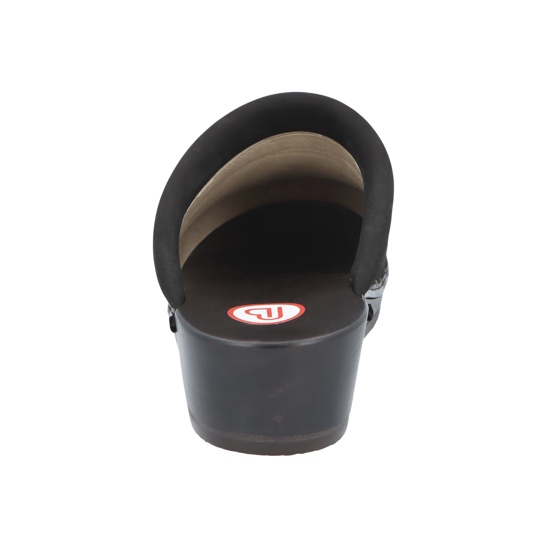 schwarze holzschuhe hinteransicht